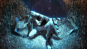 一個白髮動漫女孩在濕漉漉的鵝卵石街道上，於大雨中坐在黑色雨傘下。 — 東京卍復仇者 壁紙