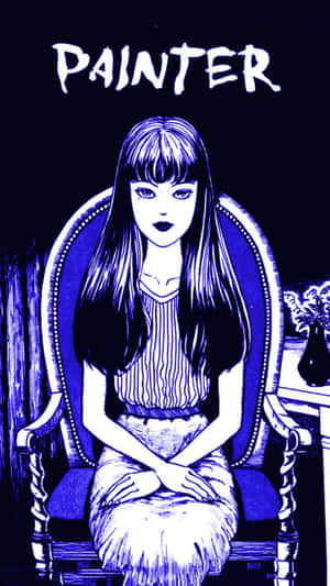 一個藍白插圖的動漫女孩，坐在華麗的椅子上，上方有「畫家」一詞。