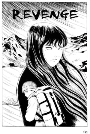 動漫女孩抱著孩子穿過雪山，上方寫著復仇。