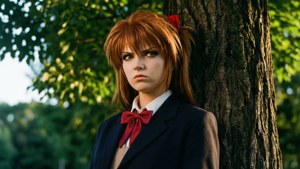 角色扮演者穿著校服戴紅色蝴蝶結靠在樹上