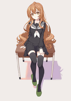 穿著水手服的動漫女孩坐在椅子上，長棕髮和綠色鞋子。