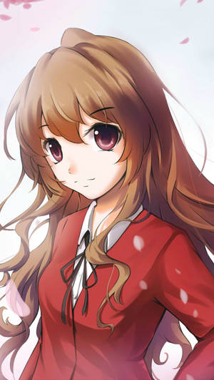 長棕色頭髮和紫色眼睛的動漫女孩穿著紅色服裝，被櫻花環繞。