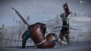 武士在雪地中戰鬥，一人倒下。 — 戰士 壁紙