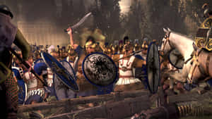 古代士兵在茂密的森林戰場上用盾牌和劍戰鬥。 — 戰爭 壁紙