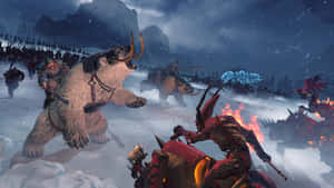 奇幻戰士在雪地戰場上與巨熊和火焰魔法戰鬥。 — 戰爭 壁紙