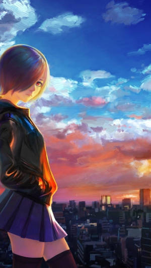 動漫女孩穿著校服在夕陽下俯瞰城市 — 美學 iPhone 壁紙