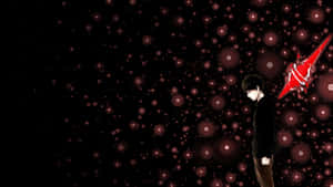 動漫男孩在黑暗田野中，有發光紅色球體和紅色閃電