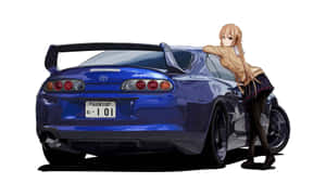 動漫女孩穿著校服靠著藍色豐田Supra跑車。