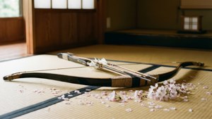 傳統日本弓和箭與櫻花在榻榻米上，木房間。