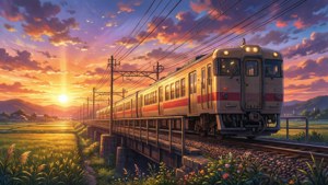 火車在橋上越過金色田野，色彩繽紛的日落