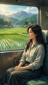 女性坐在火車上，眺望風景如畫的稻田和山脈。