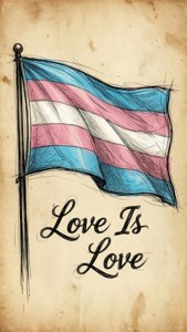 跨性別旗幟飄揚，下方寫有「Love Is Love」，在陳舊的紙上。