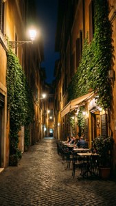 夜晚狹窄的鵝卵石小巷，牆上爬滿常春藤，戶外咖啡桌旁人們用餐。