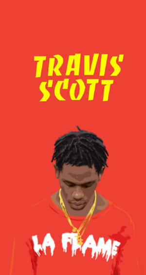 Travis Scott 身穿紅色連帽衫和金鏈，上方有粗體黃色文字。
