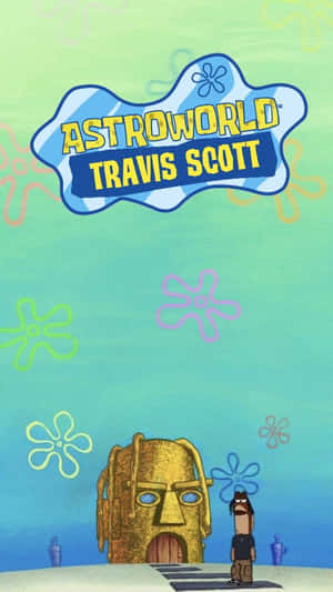 Travis Scott 在海綿寶寶水下場景中，帶有 Astroworld 文字。