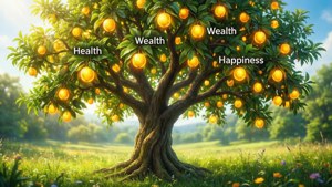一棵大樹，帶有發光的金色果實，標籤為健康、財富和幸福，在陽光明媚的草地上。