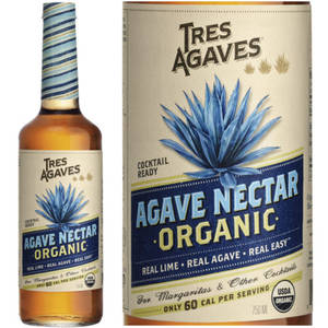 Tres Agaves 有機龍舌蘭蜜瓶和盒，帶有藍色龍舌蘭插圖。