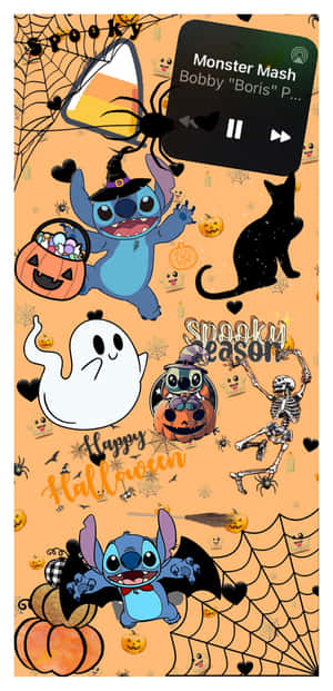 萬聖節主題壁紙， Stitch 穿著服裝，被鬼魂、南瓜和糖果玉米包圍。