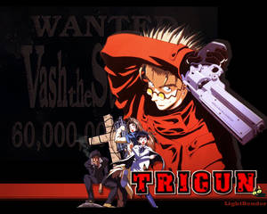 來自《Trigun》的動畫角色，Vash the Stampede 在通緝海報上持槍。