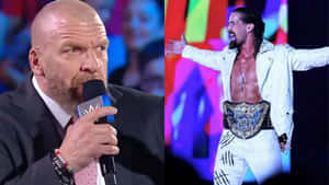 兩名WWE摔角手Triple H和Edge在舞台上表演，一人拿麥克風，一人戴冠軍腰帶。 — WWE GIF 壁紙