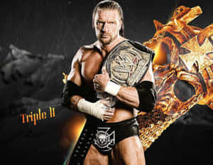 摔角手 Triple H 手持冠軍腰帶，身後帶有火焰骷髏圖案。 — 黑金 壁紙