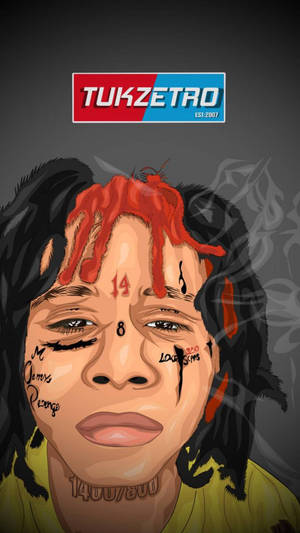 數碼插圖，人物有紅髮和面部紋身，背景為深灰色。 — Trippie redd GIF 壁紙