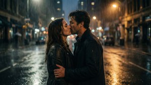 一名男子和一名女子在夜間的城市街道上雨中接吻。
