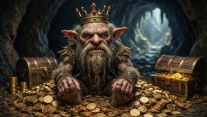 憤怒的戴冠矮人被金幣和寶箱包圍在黑暗洞穴中。