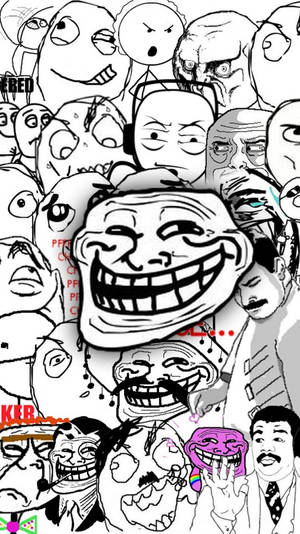 扭曲卡通面孔的拼貼畫，包括一個中央的 troll 迷因。