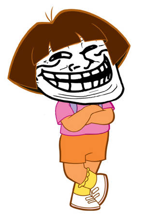 Dora the Explorer 頭上疊加了一個 troll face 迷因，自信地交叉雙臂。