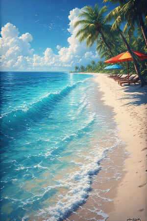 熱帶海灘，有藍綠色的海浪、棕櫚樹和色彩繽紛的遮陽傘，天空湛藍。