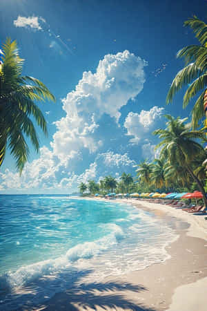 熱帶海灘，有棕櫚樹、色彩繽紛的遮陽傘和碧綠的海浪，在明亮的藍天下
