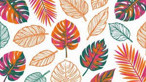 色彩繽紛的熱帶葉子，橙色、粉紅色和藍綠色，在白色背景上重複圖案