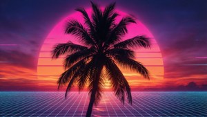 一棵棕櫚樹矗立在發光的網格海洋上，在充滿活力的粉紅色和橙色日落天空下。