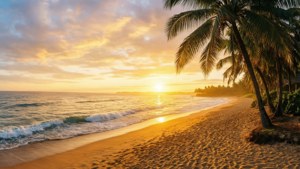 熱帶海灘上的夕陽，有棕櫚樹和輕柔海浪