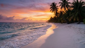 熱帶海灘上的夕陽，棕櫚樹和白色沙灘上的輕柔海浪
