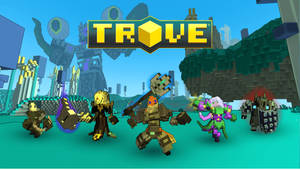 一群像素藝術冒險者身穿盔甲，在 Trove 遊戲世界中準備戰鬥。