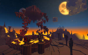 像素化Minecraft風格世界，巨大月亮下漂浮的樹木和發光熔岩在日落時分。