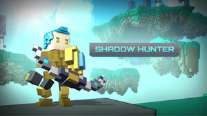 名為 Shadow Hunter 的像素藝術遊戲角色，在帶有浮動島嶼的平台上手持武器。