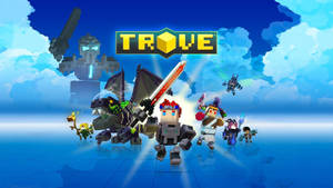 像素化遊戲角色和怪物在幻想戰鬥場景中，帶有 Trove 標誌。