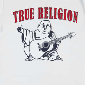 True Religion標誌T恤，帶有卡通佛陀彈結他。