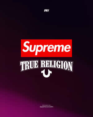 紫色漸變背景上的Supreme和True Religion標誌。