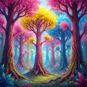幻想森林，在柔和的天空下有著發光的粉紅色、黃色和藍色樹木。