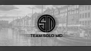 Team Solo Mid 標誌覆蓋在灰階 waterfront 上，有船隻和建築物。