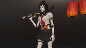 穿著校服的動漫女孩手持武士刀，背景有紅色燈籠。 — 中文 壁紙