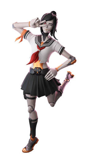 擁有發光眼睛和機械肢體的網絡女學生俏皮地擺姿勢。 — 型格 Fortnite 壁紙