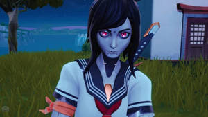 動漫女孩，發光的紅眼睛，夜晚在草地上握著劍。 — Fortnite 造型 壁紙