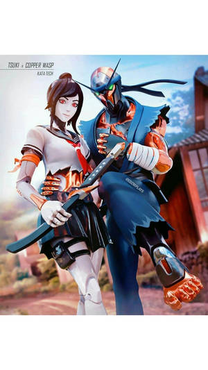 兩個身穿未來盔甲的動漫角色在沙漠景觀中手持劍。 — 忍者 fortnite 壁紙