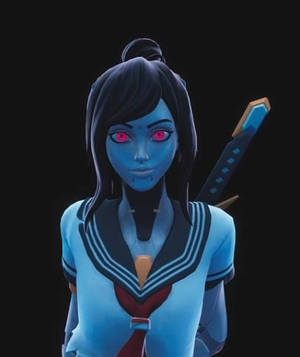 藍皮膚的動漫女孩，紅眼睛，穿著校服手持武士刀。 — Fortnite 造型 壁紙