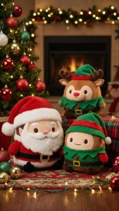 聖誕老人、馴鹿和精靈毛絨玩具放置在壁爐和帶燈光的聖誕樹附近。
